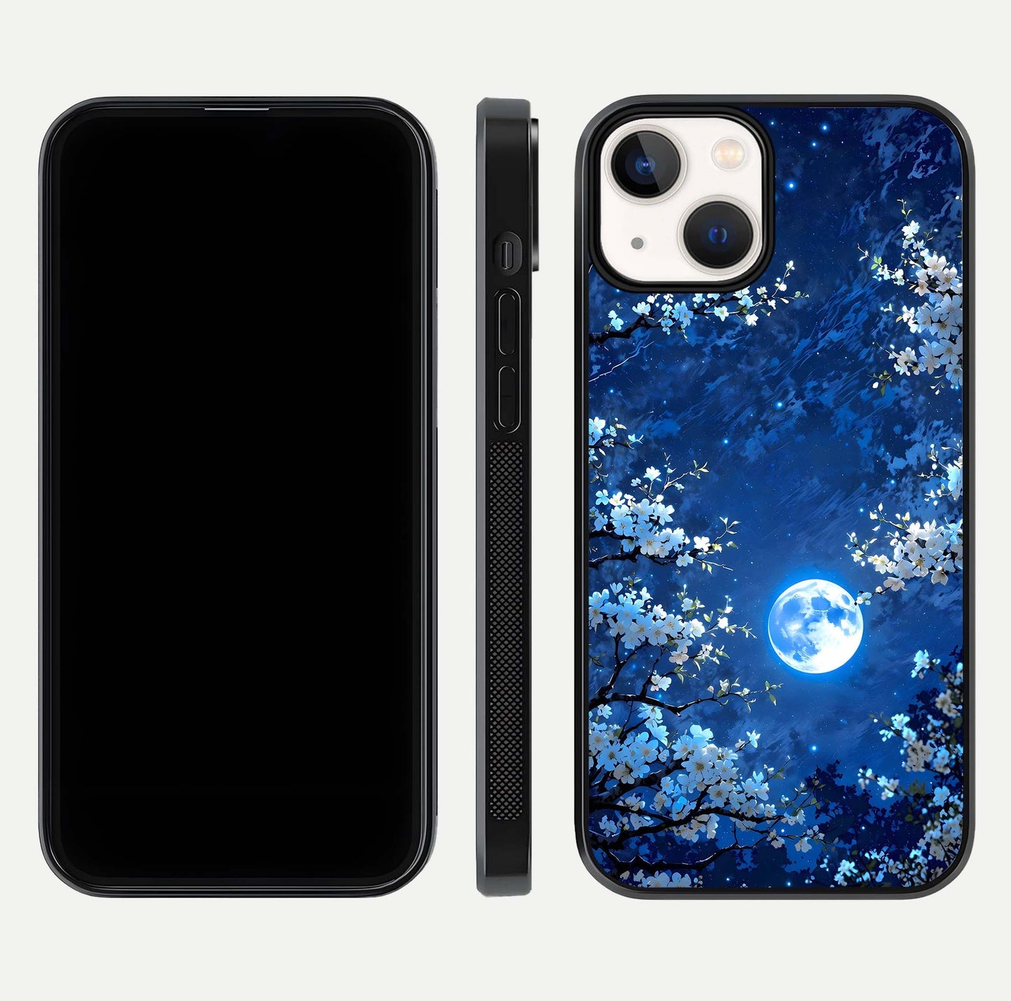 Blossom Moonlight Sky Glass Case for iPhone 13 dual-view layout highlighting sky gradient and floral composition