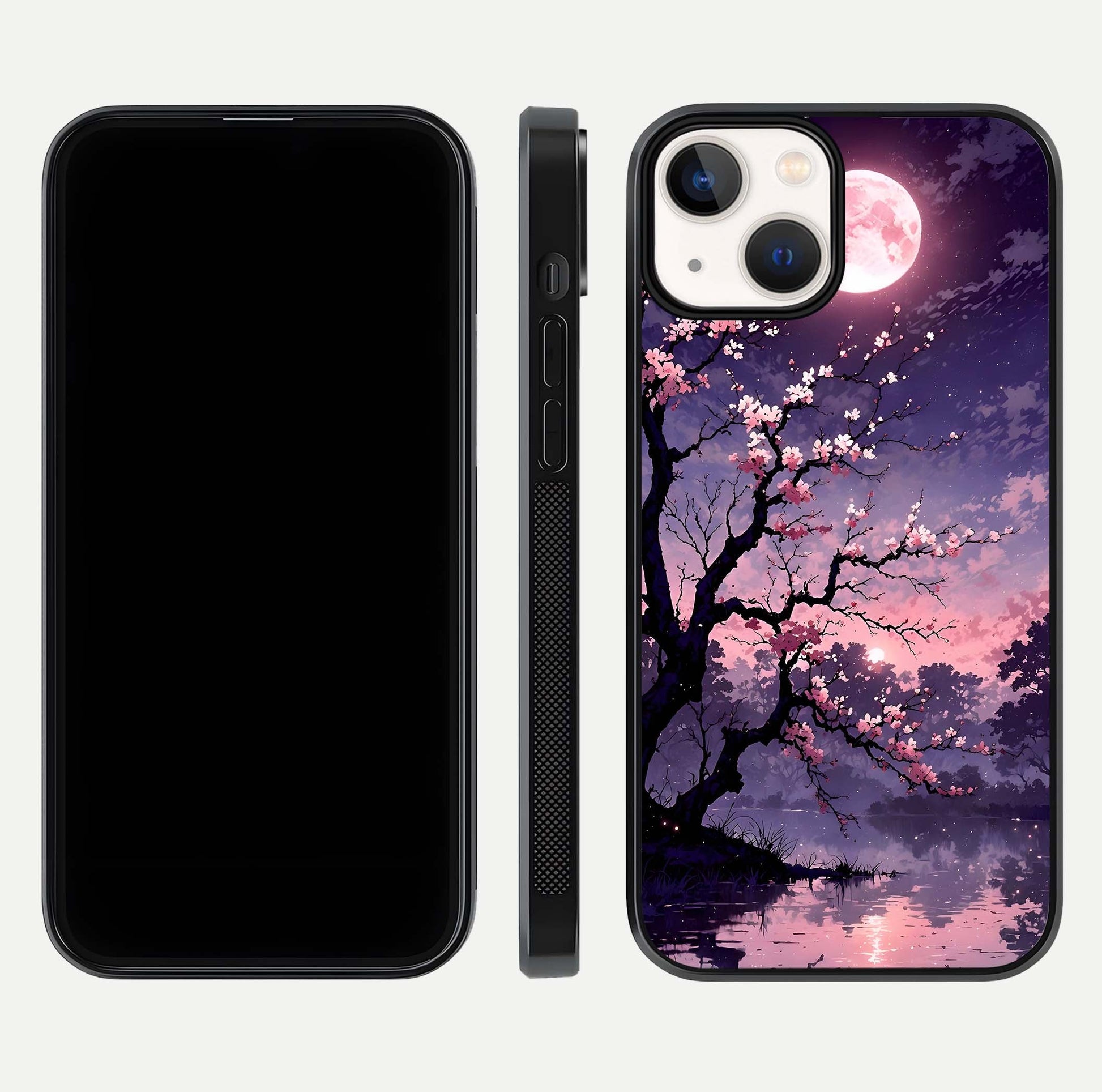 Blossom Pink Moon Glass Case for iPhone 13 front-and-back layout showing minimal edges and artistic flower print