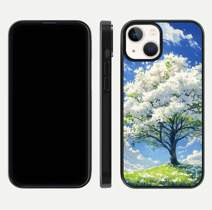 Blossom Sky Serenity Glass Case for iPhone 13 dual-view layout showing pastel hues and soft protective edges