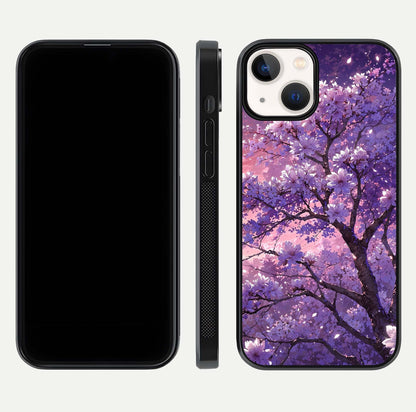 Blossom Tree Glass Case for iPhone 13 front-and-back layout showing art alignment and gloss reflection