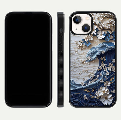 Blossom Wave Art Glass Case for iPhone 13 front-and-back layout showing curved design and glass clarity