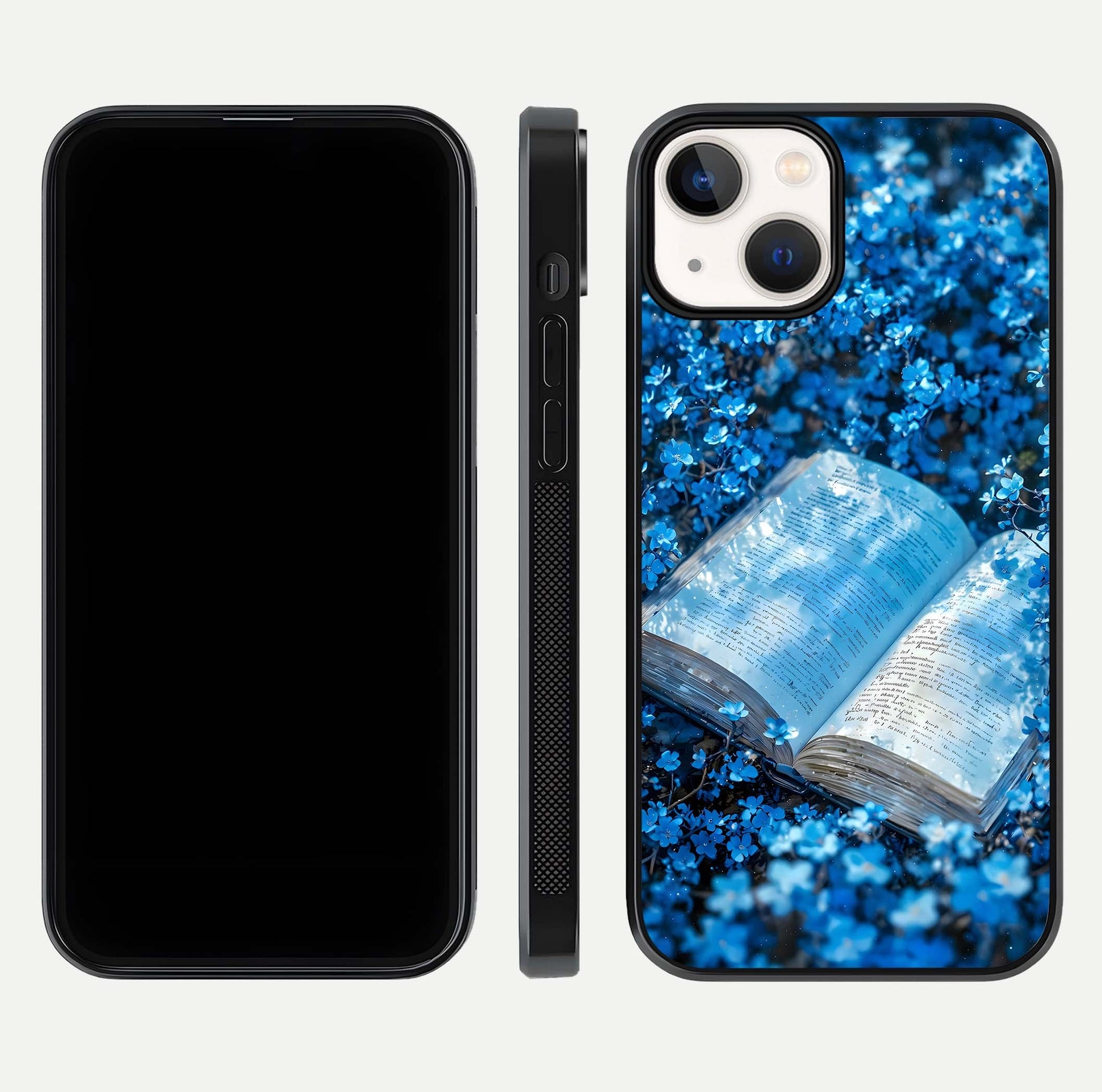 Blue Bloom Tales Glass Case for iPhone 13 dual-view layout highlighting shine, floral print, and smooth edges