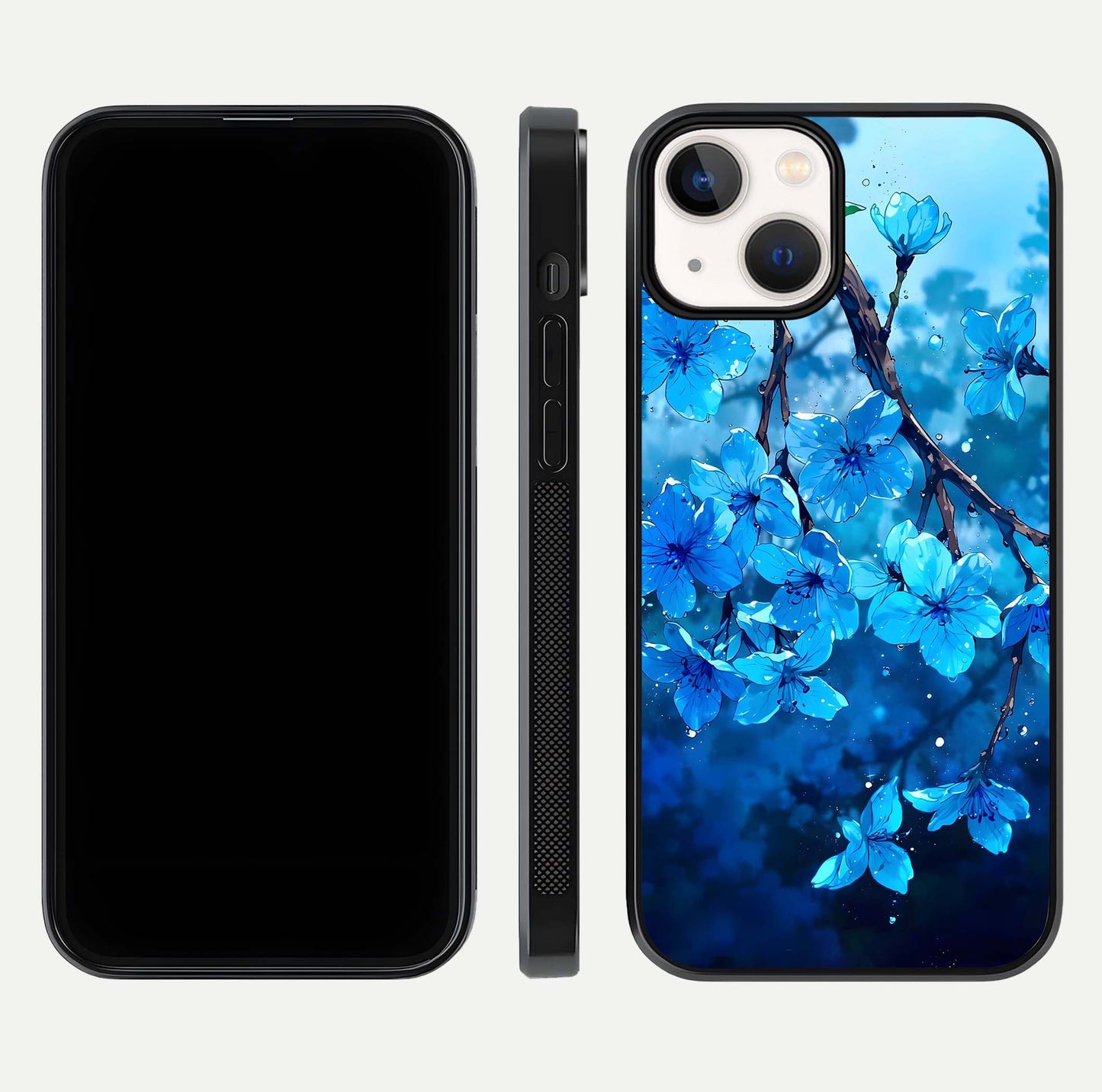 Blue Blossoms Branch Glass Case for iPhone 13 dual-view layout displaying floral art and sleek protective frame
