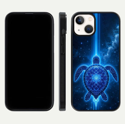 Blue Galaxy Turtle Glass Case for iPhone 13 front-and-back layout highlighting cosmic art and reflective glass