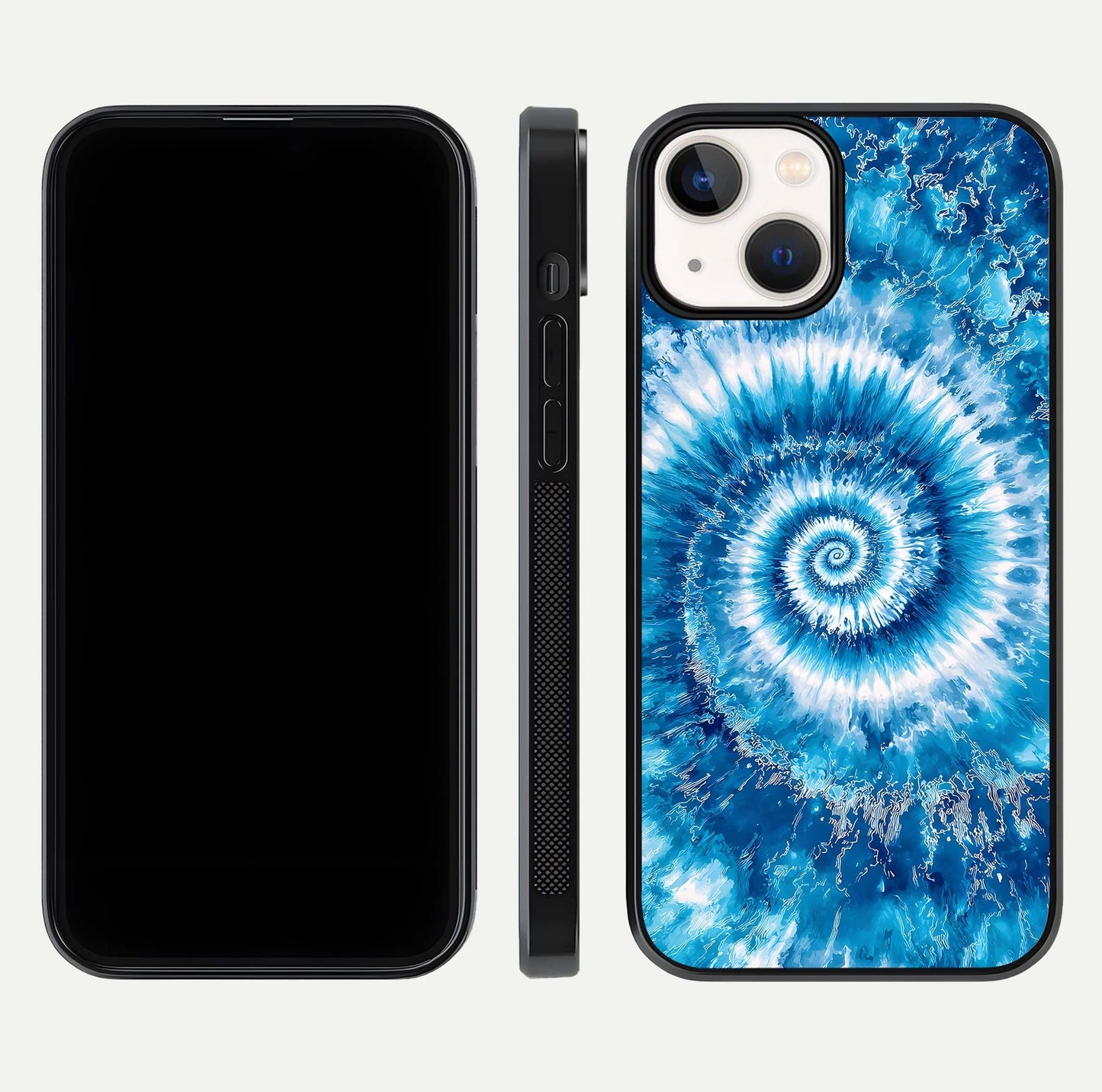Blue Galaxy Wave Glass Case for iPhone 13 front-and-back layout showing gradient flow and shine clarity
