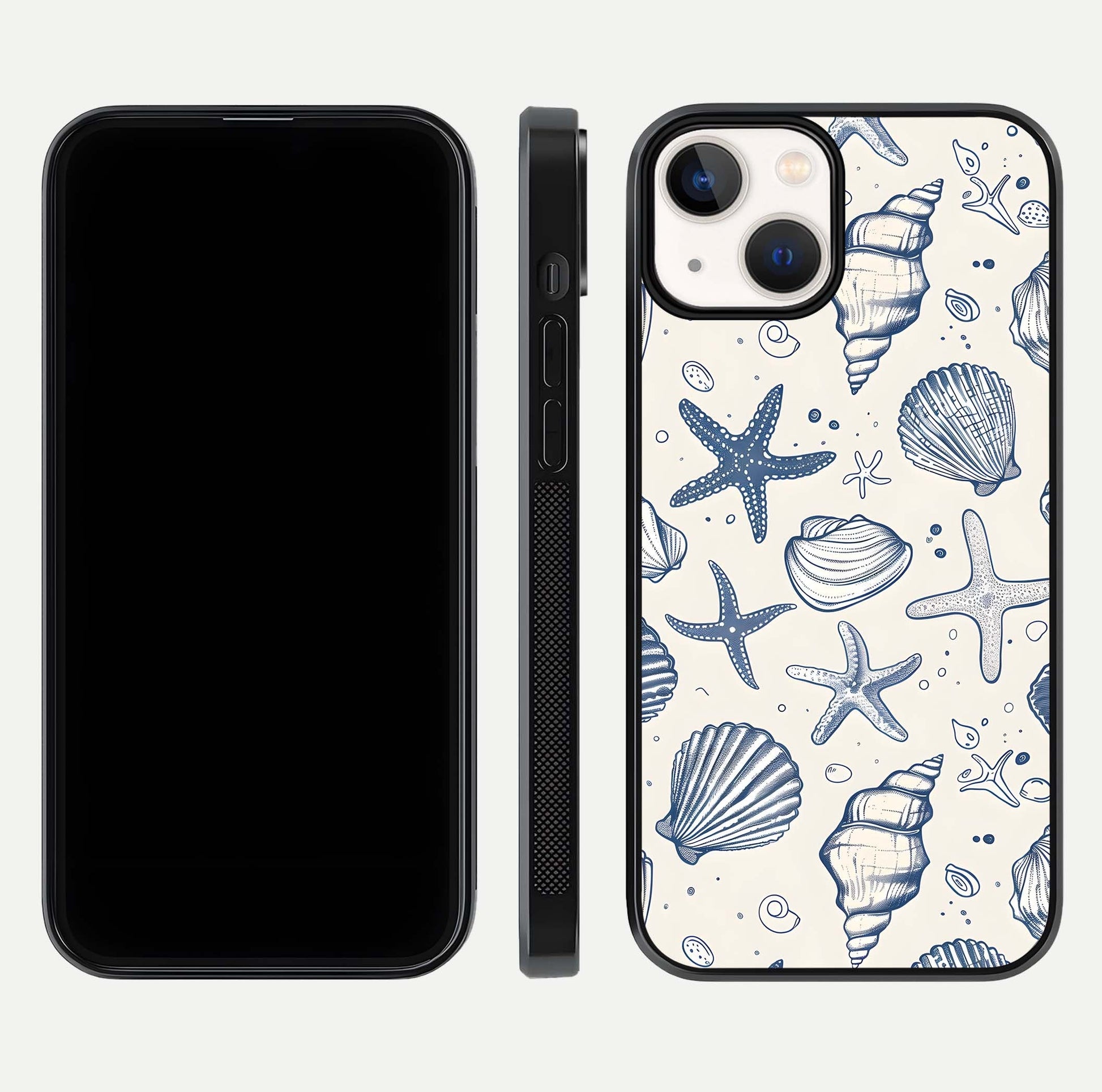 Blue Ocean Outline Glass Case for iPhone 13 front-and-back layout showing minimal wave design and HD gloss