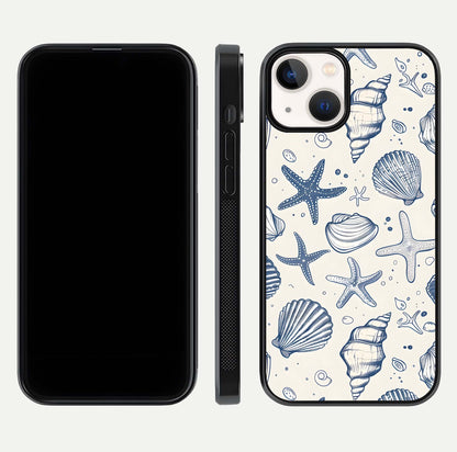Blue Ocean Outline Glass Case for iPhone 13 front-and-back layout showing minimal wave design and HD gloss