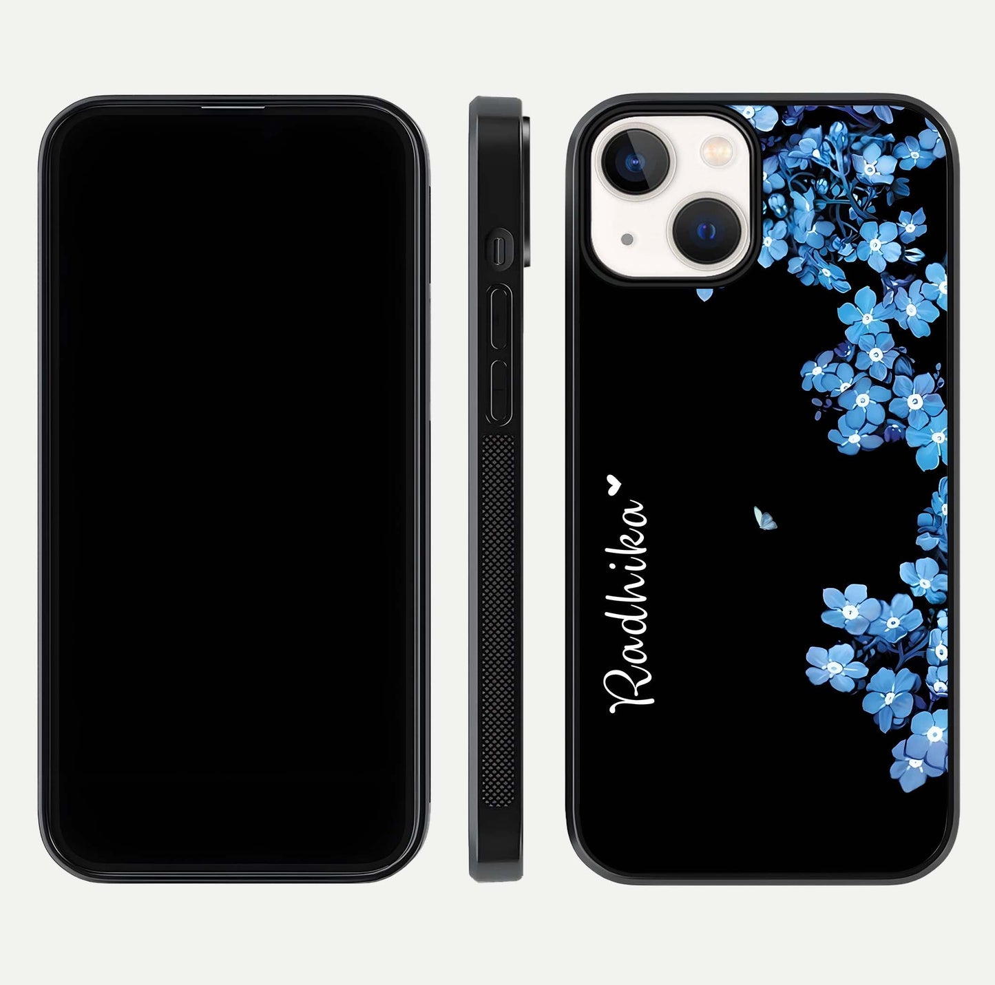 Blue Petal Dream Custom Name Glass Case for iPhone 13 dual-view layout showing text placement and premium finish