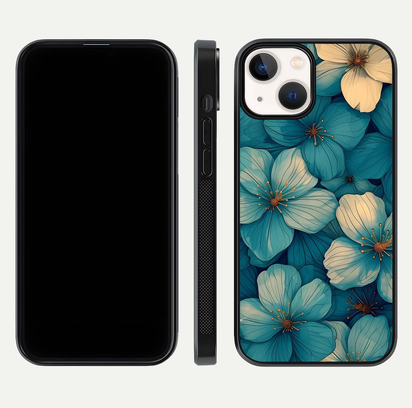 Blue Shade Floral Glass Case for iPhone 13 front-and-back layout displaying bloom contrast and edge polish