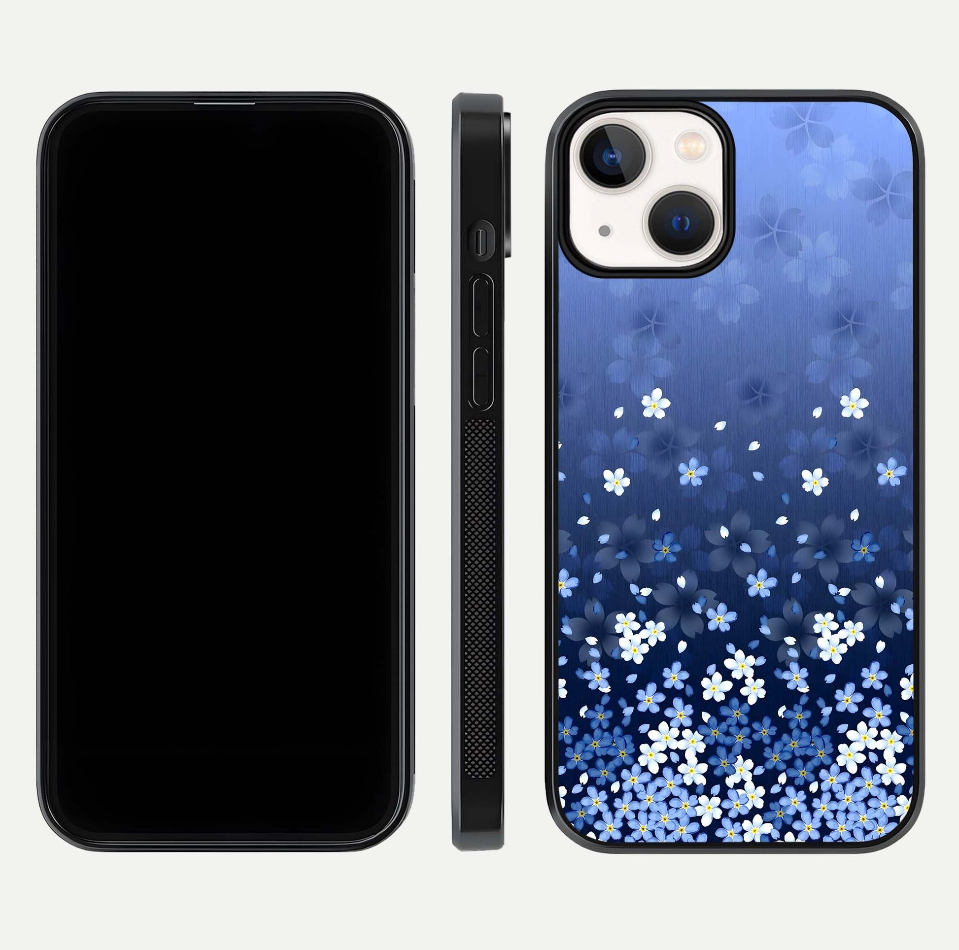 Blue Starry Glass Case for iPhone 13 dual-view layout showing star spread and smooth edge shine