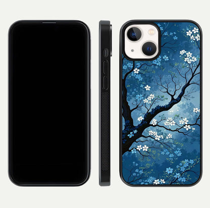 Blue Tree Serenity Glass Case for iPhone 13 front-and-back layout showing gradient background and smooth edges