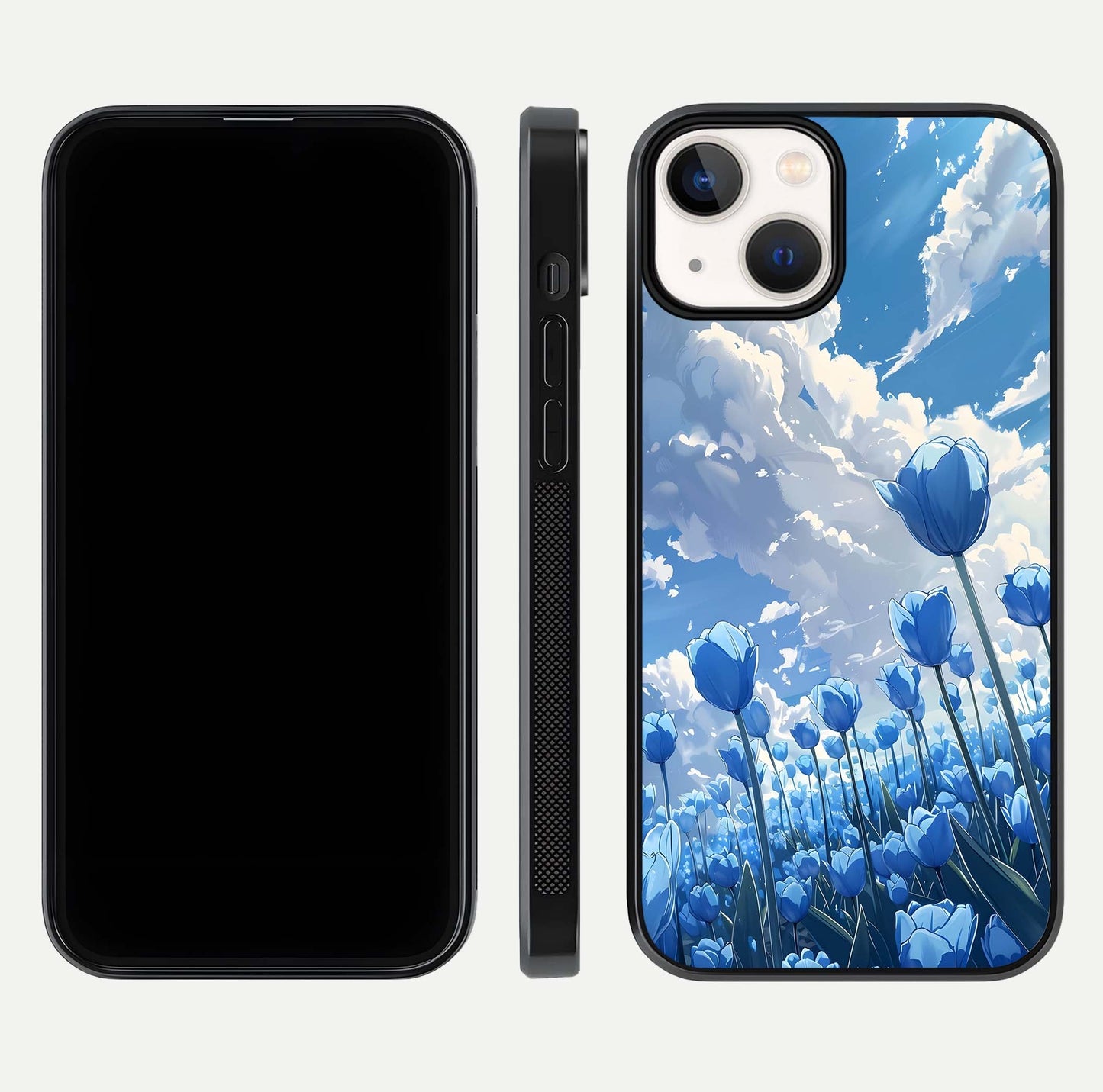 Blue Tulip Clouds Glass Case for iPhone 13 front-and-back layout showcasing floral detail and polished edges