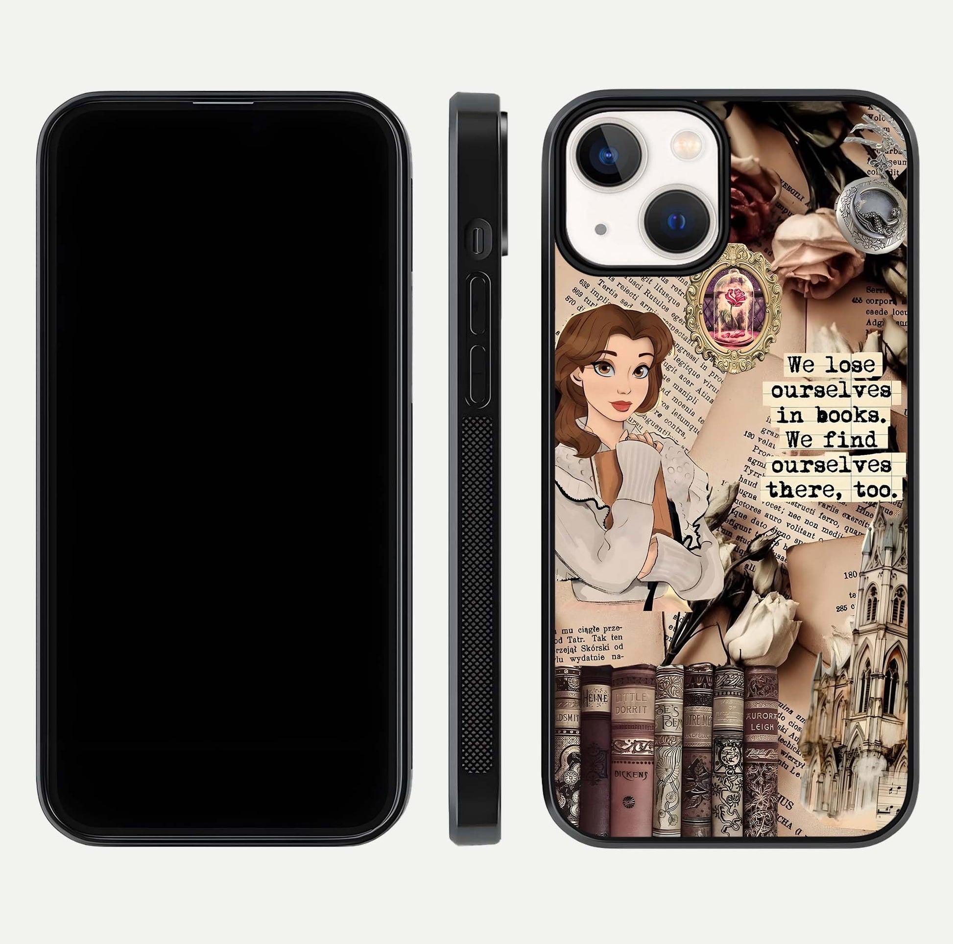 Bookish Dream World Glass Case for iPhone 13 dual-view layout displaying colorful fantasy print and edge finish