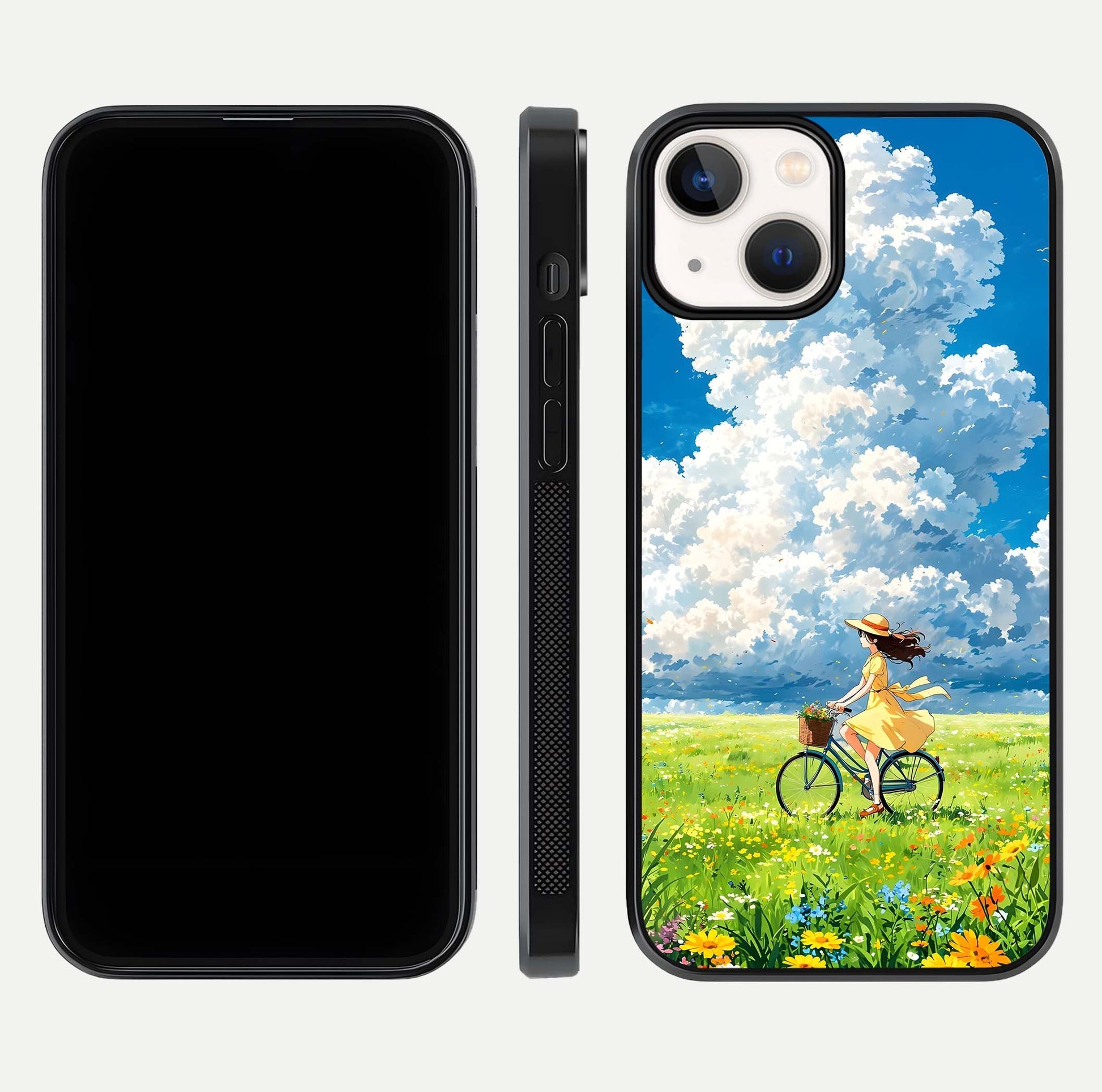Breezy Meadow Ride Glass Case for iPhone 13 dual-view layout showing soft landscape design and reflection gloss