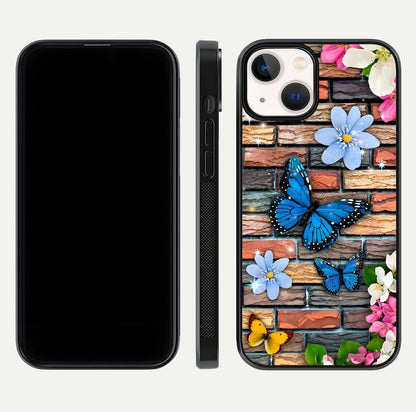 Brick Bloom Flight Glass Case for iPhone 13 dual-view layout showing bloom placement and protective edge design