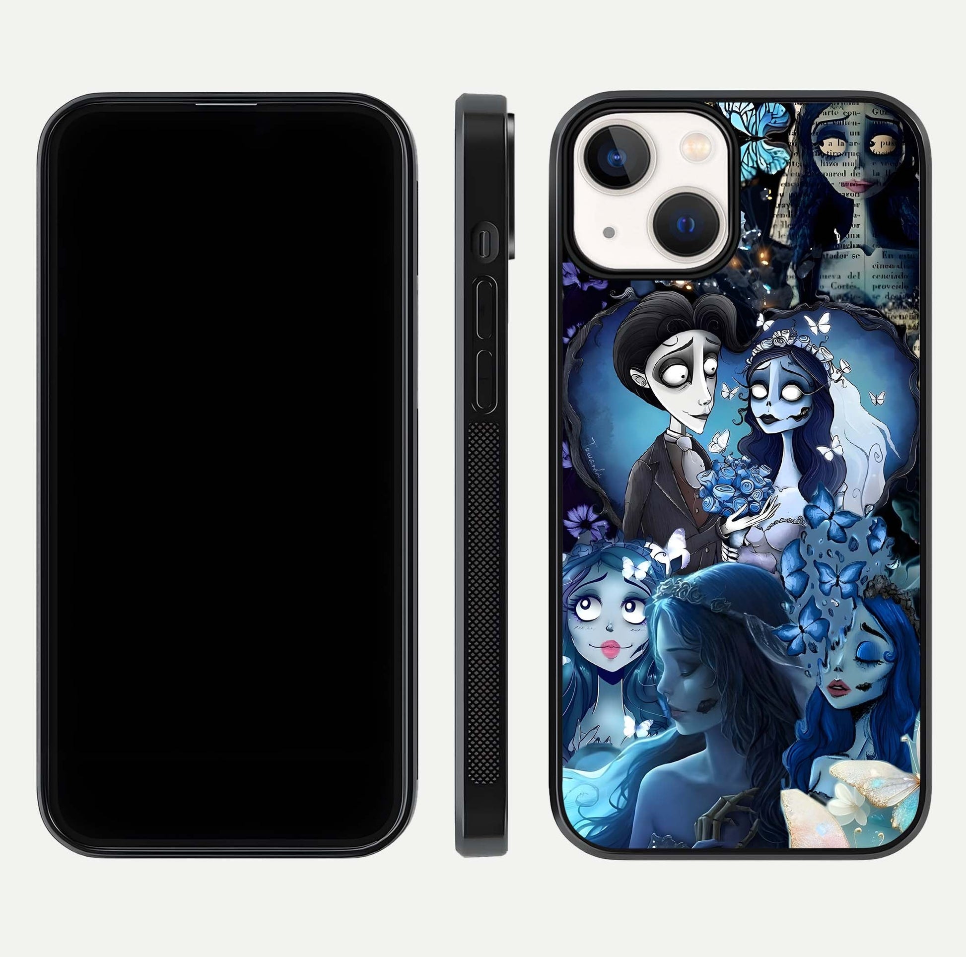 Butterfly Ghost Soul Glass Case for iPhone 13 front-and-back layout highlighting dark art balance and HD shine