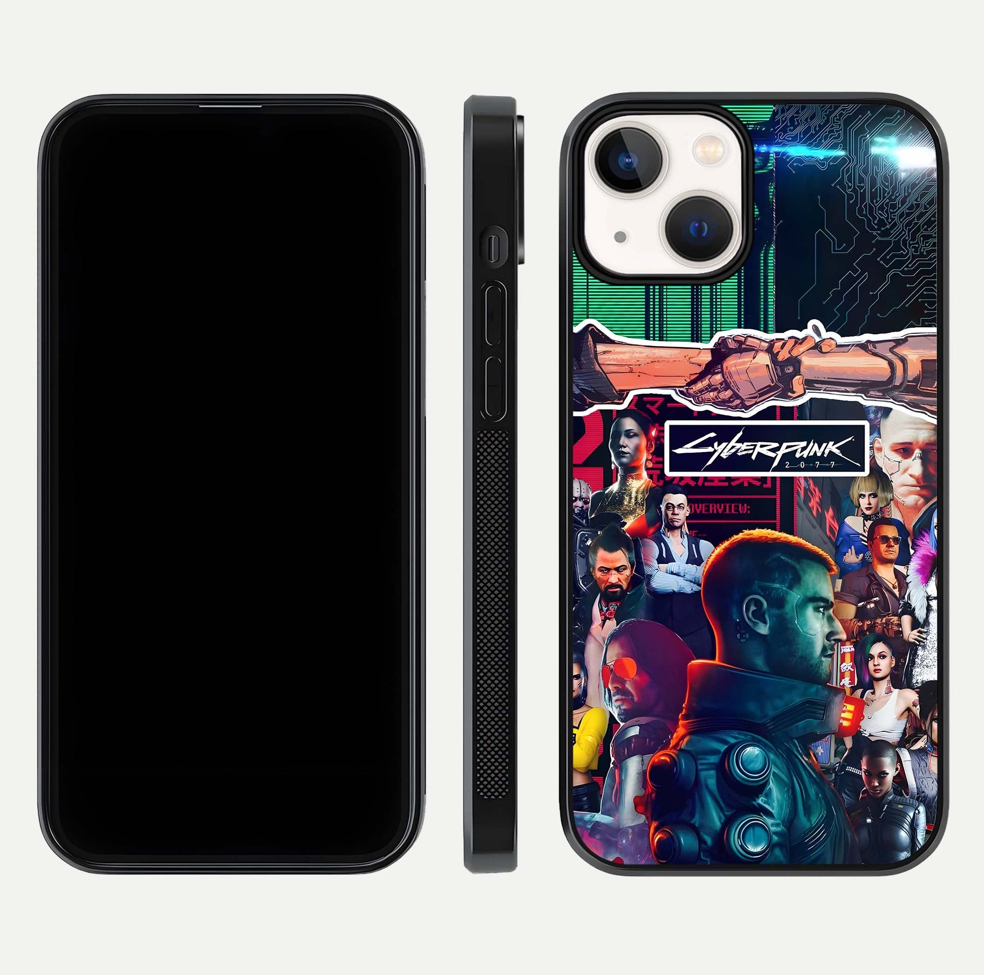CYBERPUNK Legacy Glass Case for iPhone 13 dual-view layout showing cyberpunk hues and glass precision