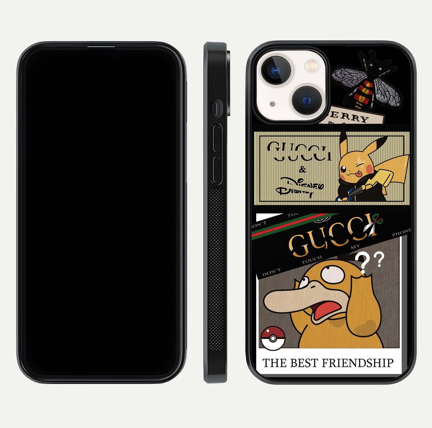 Cartoon Brand Play Mashup Glass Case for iPhone 13 front and back view layout highlighting multi-logo artwork and curved edges