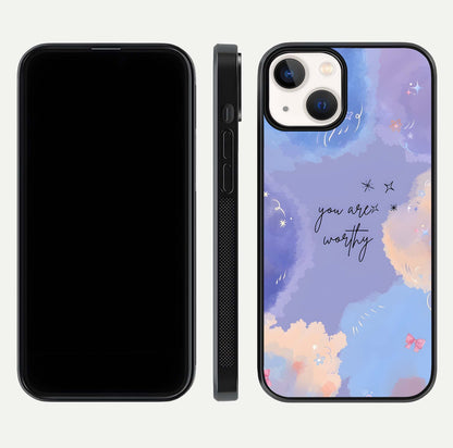 Celestial Cloud Magic Glass Case for iPhone 13 dual-view layout showcasing soft color transition and gloss shine
