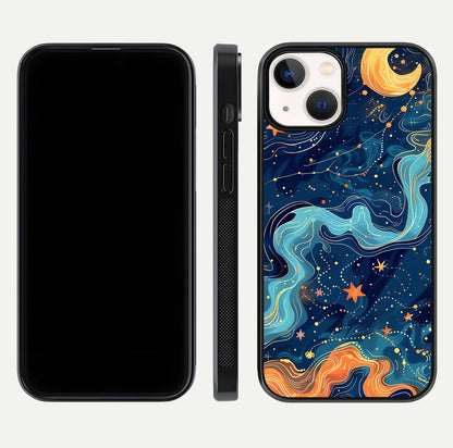 Celestial Dream Flow Glass Case for iPhone 13 dual-view layout showing abstract flow and curved glass
