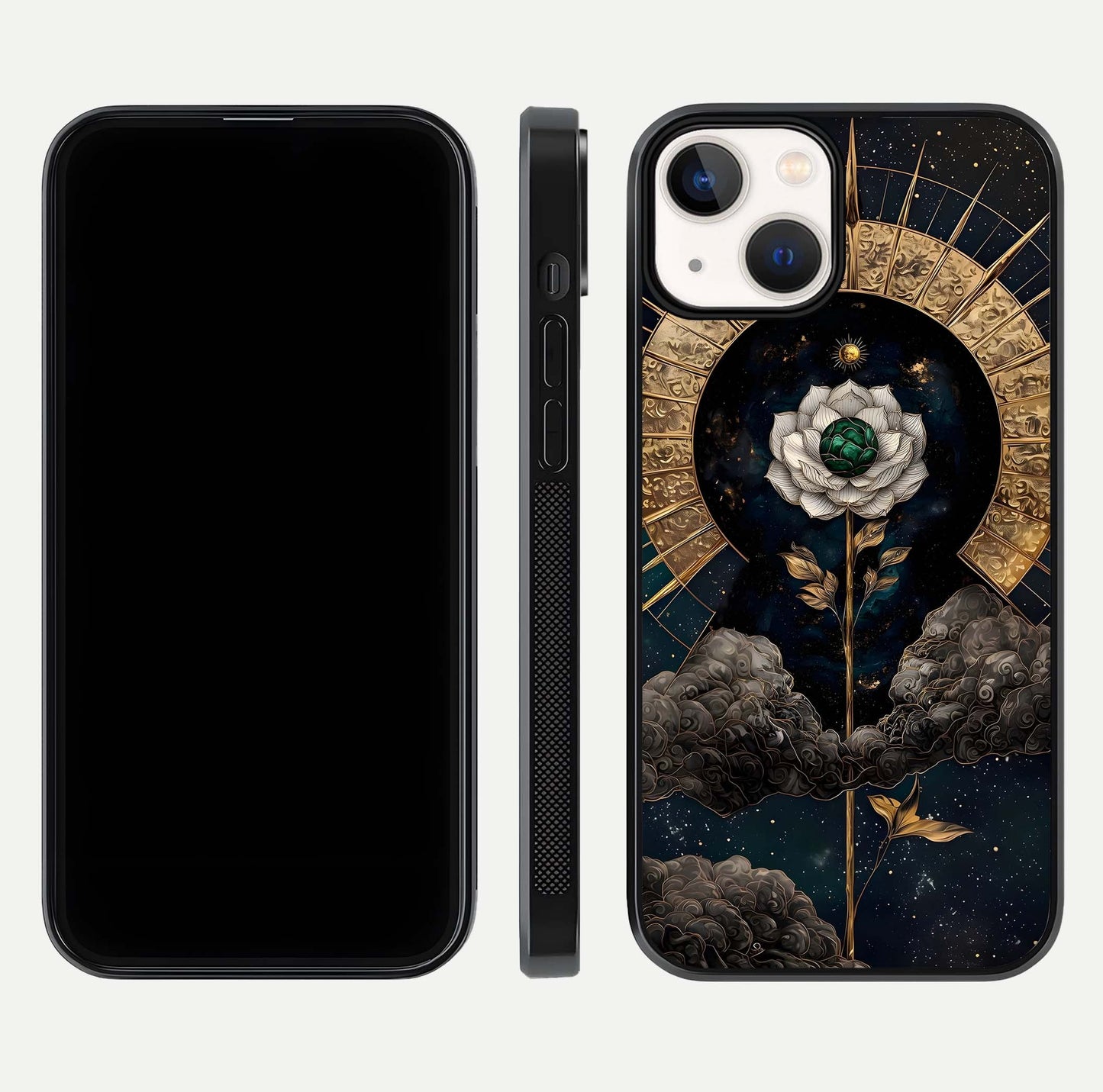 Celestial Lotus Morang Glass Case for iPhone 13 dual-view layout displaying floral symmetry and polished edges