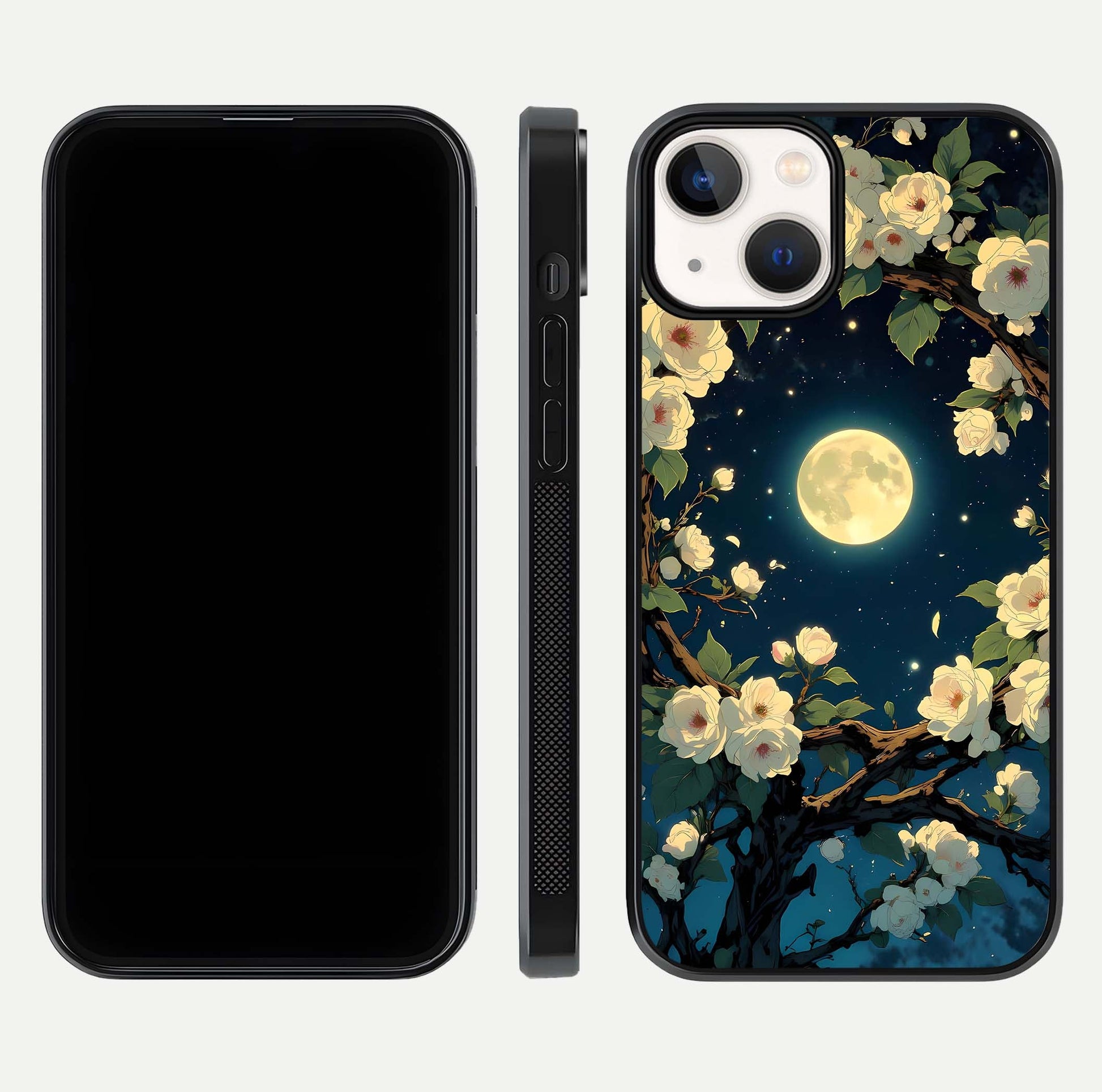 Celestial Moon & Flower Glass Case for iPhone 13 dual-view layout showing balanced lunar art and gloss tone