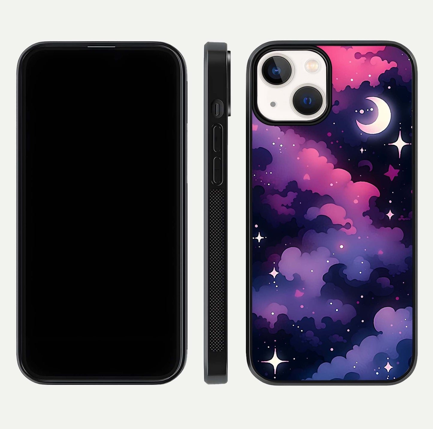 Celestial Moon Magic Glass Case for iPhone 13 dual-view layout displaying lunar design and sleek edges