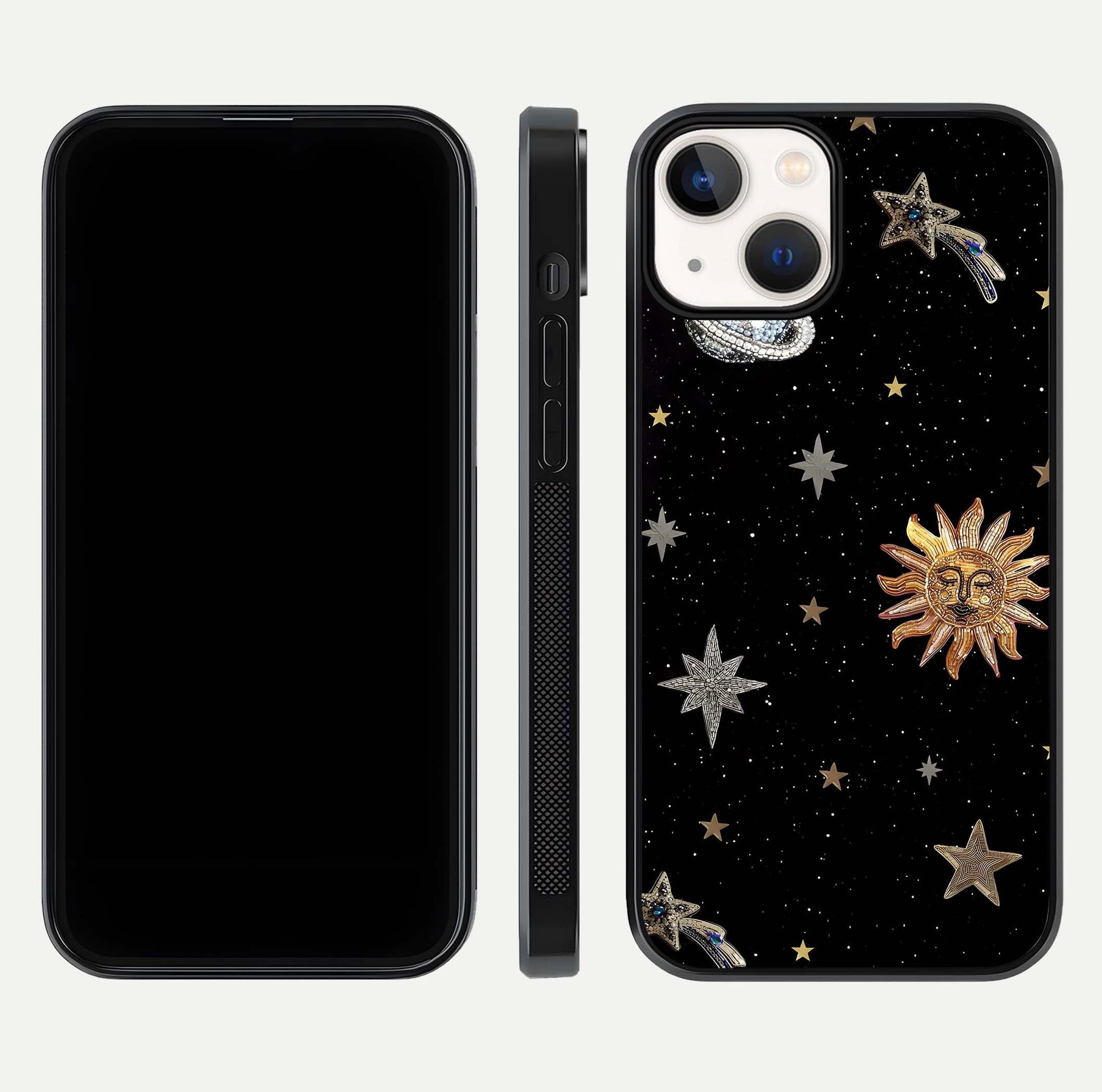 Celestial Moon With Stars Glass Case for iPhone 13 front-and-back layout displaying lunar art and premium finish