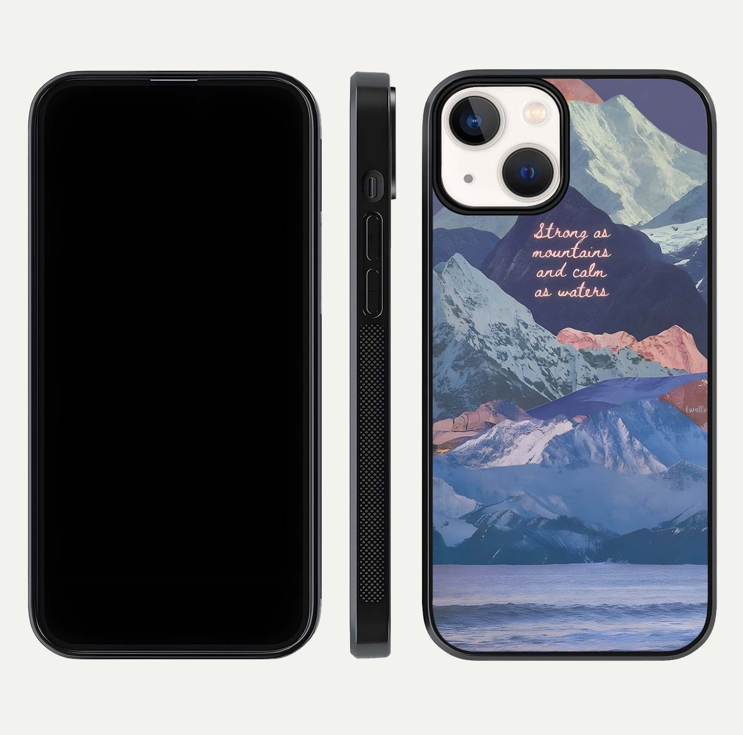 Celestial Mountain Calm Glass Case for iPhone 13 dual-view layout displaying scenic tones and curved finish