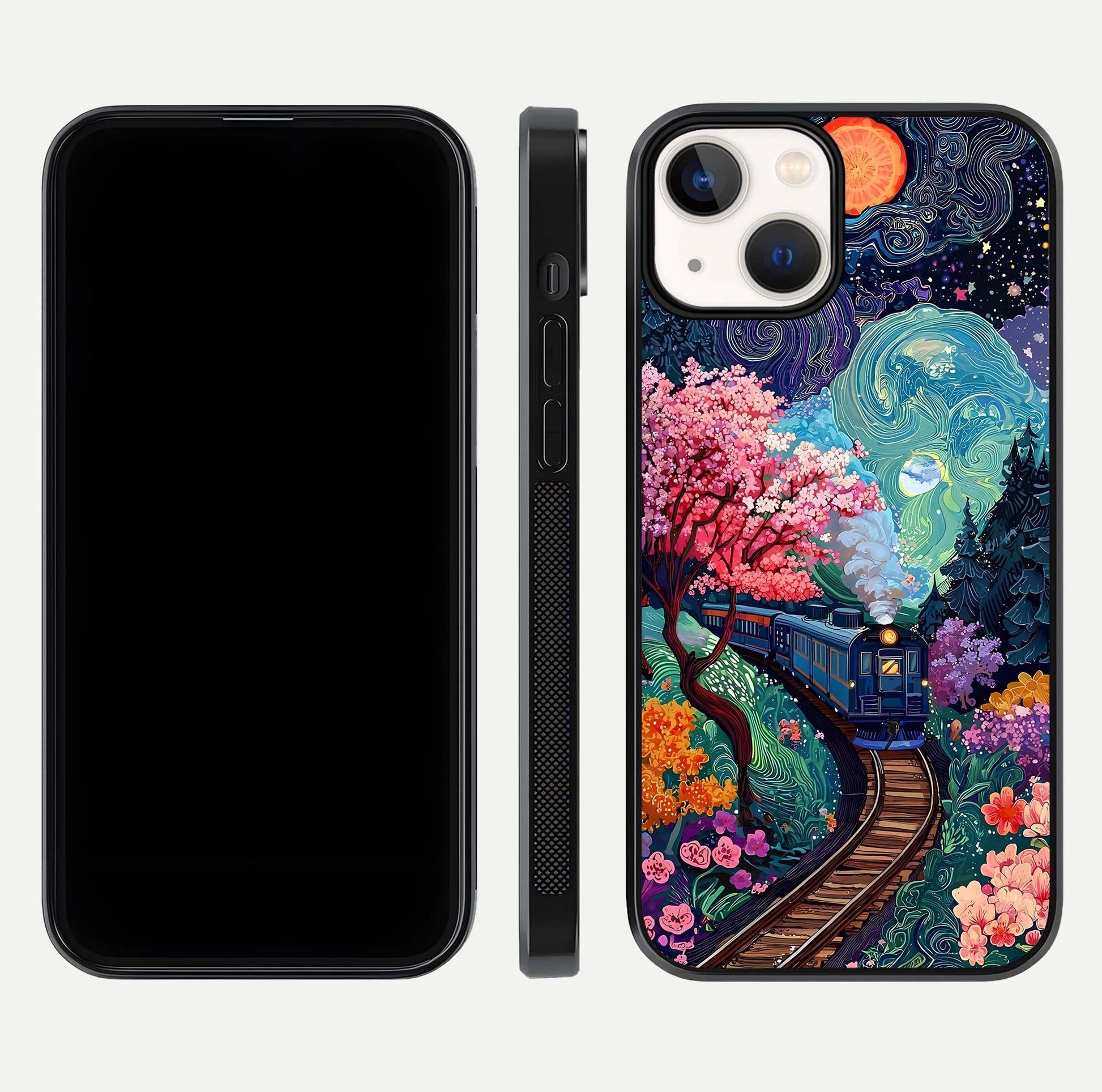 Celestial Train Journey Glass Case for iPhone 13 dual-view layout showing cosmic art balance and curved glass edges