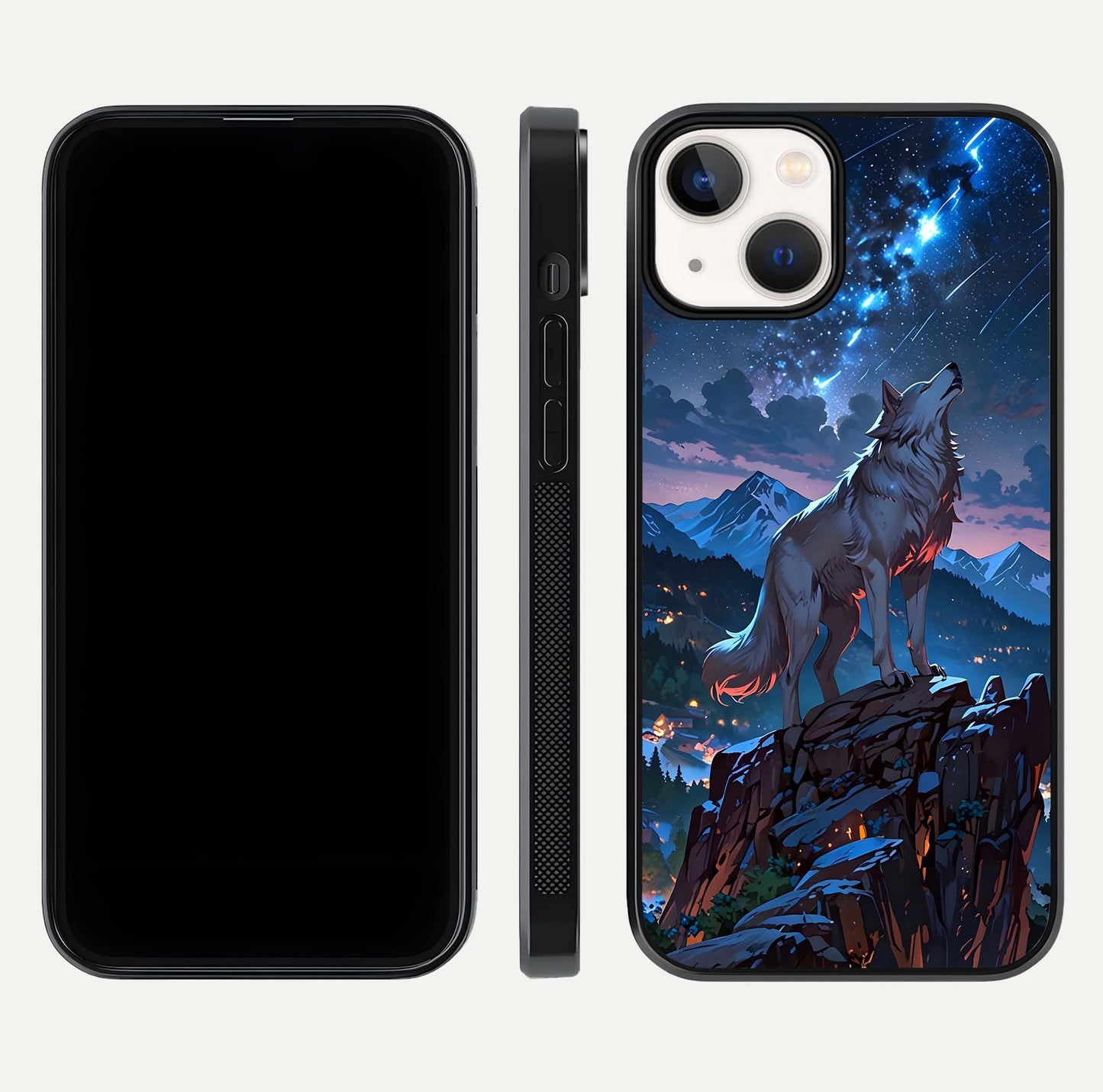 Celestial Wolf Howl Glass Case for iPhone 13 dual-view layout displaying night tones and protective glass edges