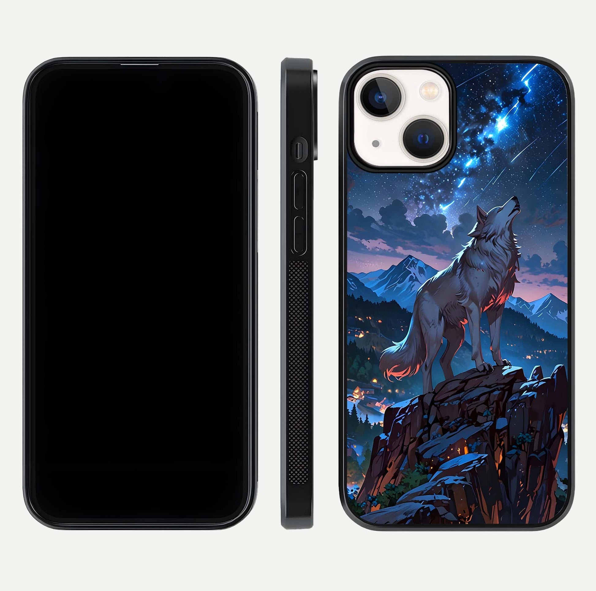 Celestial Wolf Howl Glass Case for iPhone 13 dual-view layout displaying night tones and protective glass edges