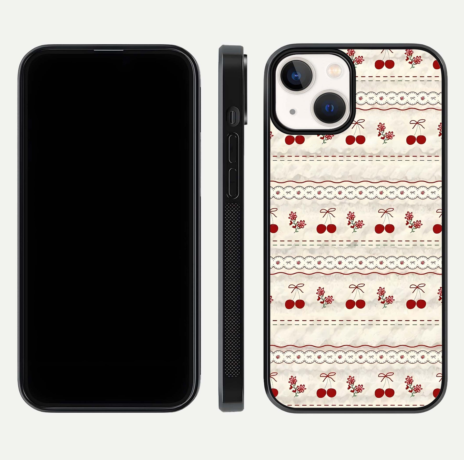 Cherry Bloom Charm Glass Case for iPhone 13 front-and-back layout displaying floral art and smooth finish