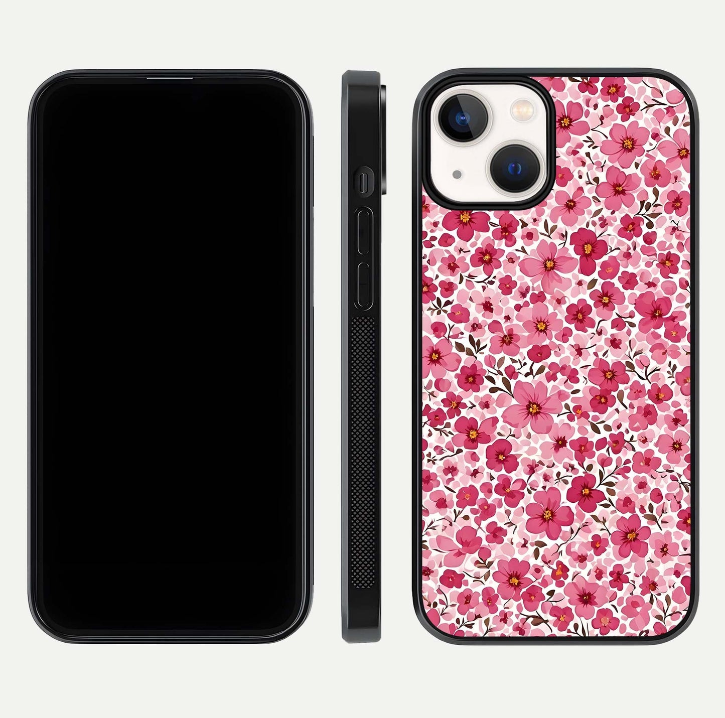 Cherry Blossom Charm Glass Case for iPhone 13 dual-view layout showing elegant floral balance and HD gloss