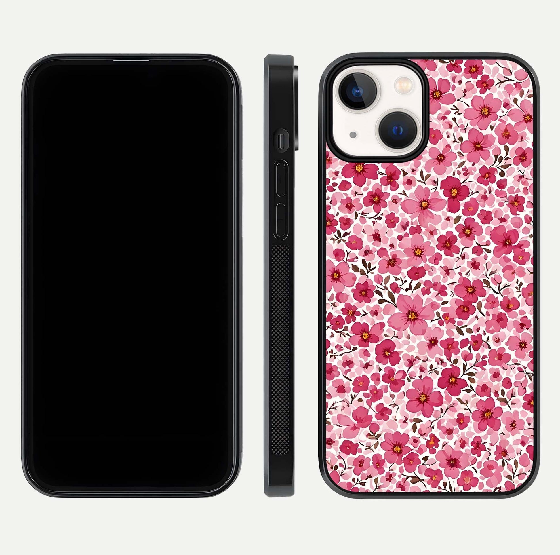 Cherry Blossom Charm Glass Case for iPhone 13 dual-view layout showing elegant floral balance and HD gloss