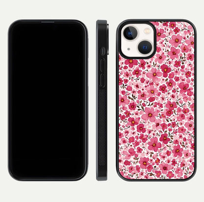 Cherry Blossom Charm Glass Case for iPhone 13 dual-view layout showing elegant floral balance and HD gloss