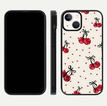 Cherry Heart Bow Glass Case for iPhone 13 front-and-back view showing design clarity and edge protection