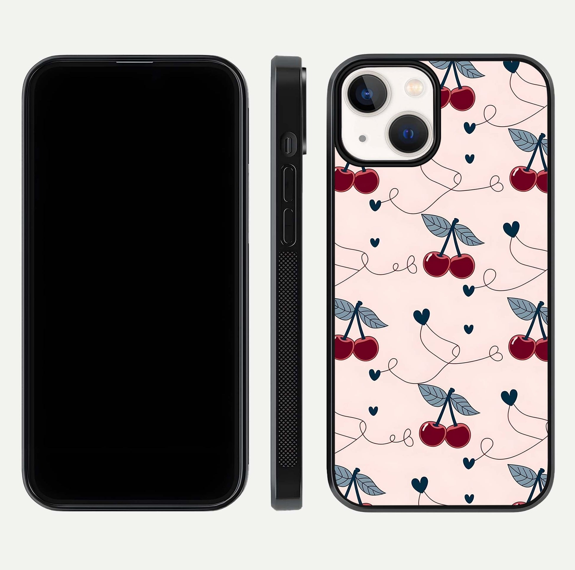 Cherry Heart Line Glass Case for iPhone 13 dual-view layout displaying minimal cherry motif and edge design