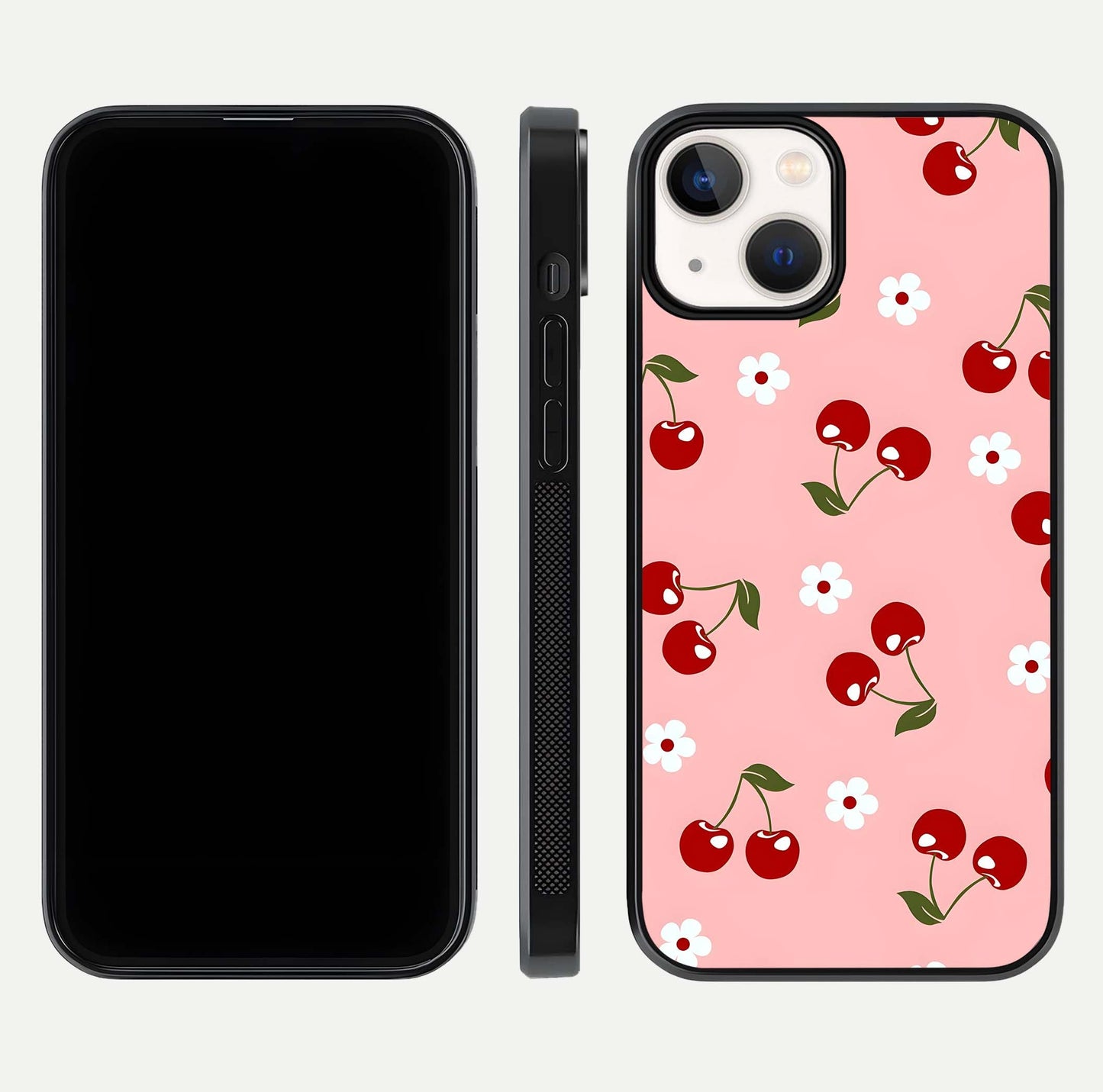 Cherry Love Mood Glass Case for iPhone 13 dual-view layout showing design alignment and curved edges