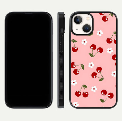 Cherry Love Mood Glass Case for iPhone 13 dual-view layout showing design alignment and curved edges