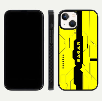 Circuit CYBERPUNK Custom Name Glass Case for iPhone 13 dual-view layout showing bold tech art and edge clarity