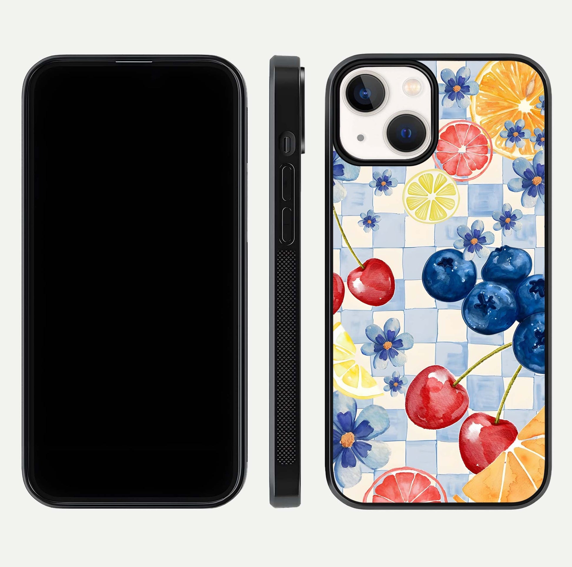 Citrus Bloom Joy Glass Case for iPhone 13 dual-view layout displaying colorful print and smooth edges