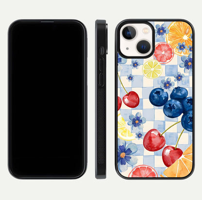 Citrus Bloom Joy Glass Case for iPhone 13 dual-view layout displaying colorful print and smooth edges