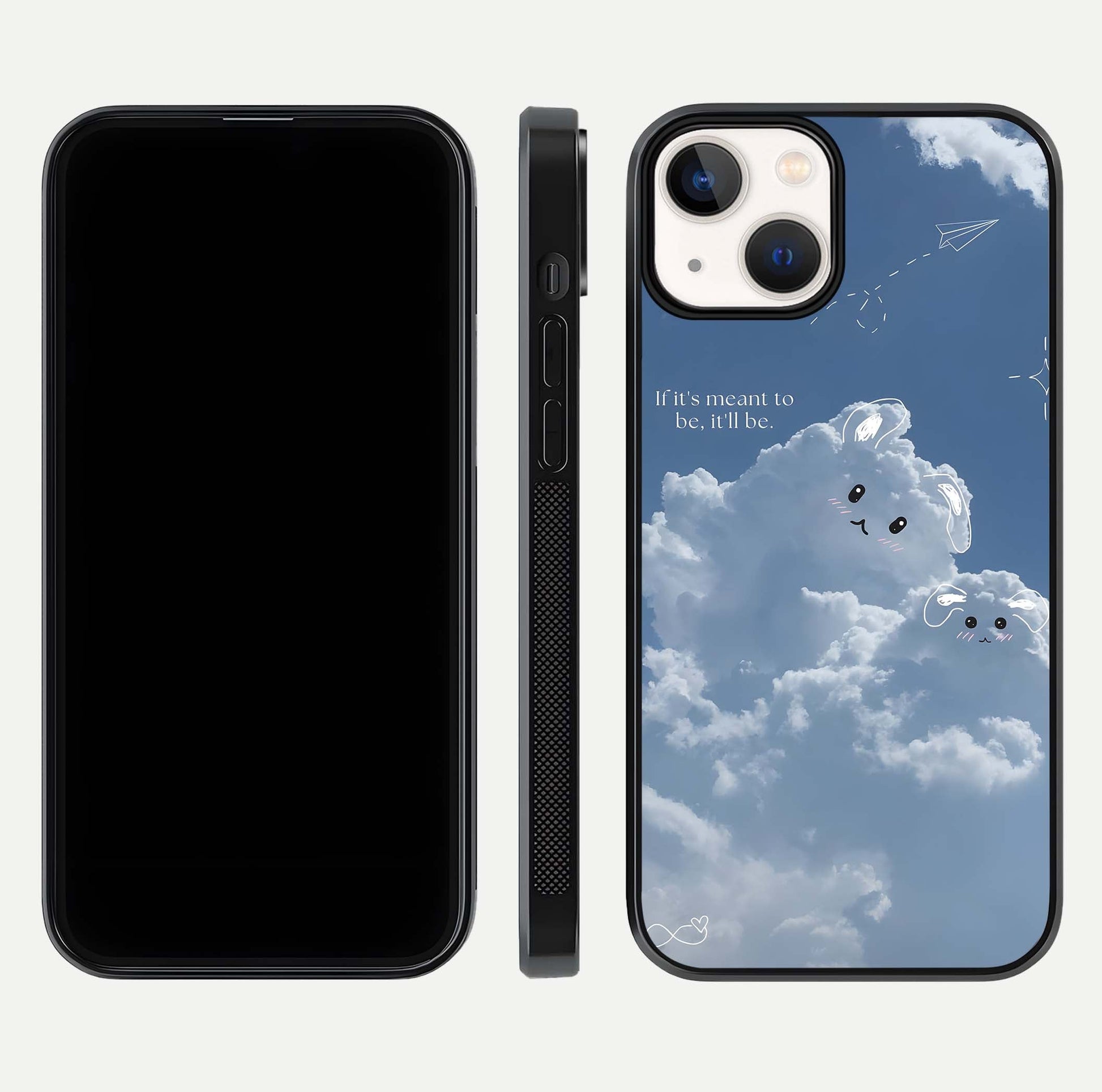Cloud Bunny Dreams Glass Case for iPhone 13 dual-view layout displaying aesthetic tones and smooth polish