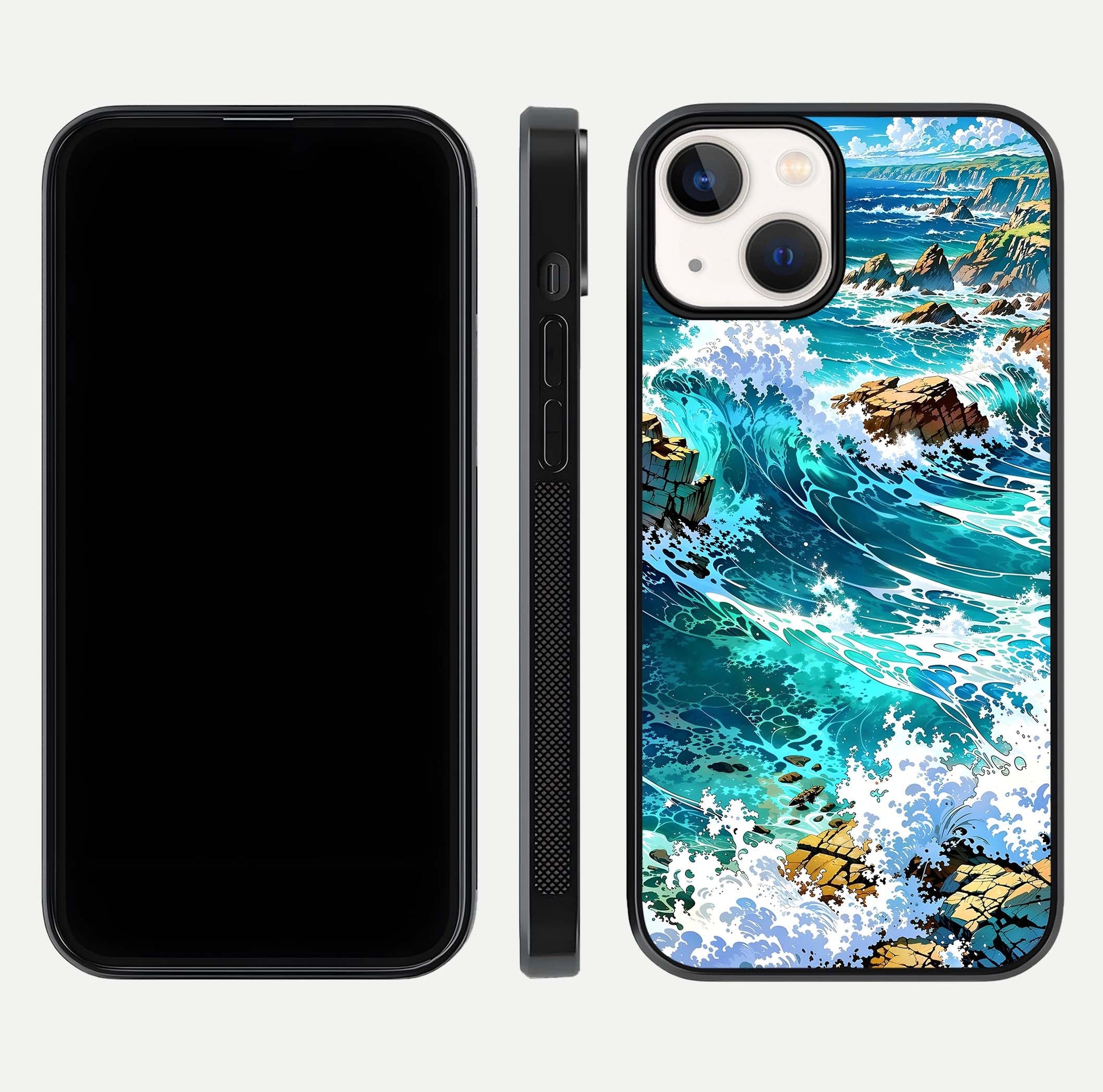 Coastal Blue Waves Glass Case for iPhone 13 dual-view layout displaying sea tones and curved finish