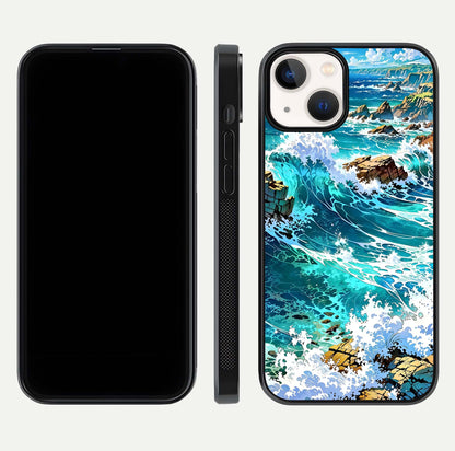 Coastal Blue Waves Glass Case for iPhone 13 dual-view layout displaying sea tones and curved finish