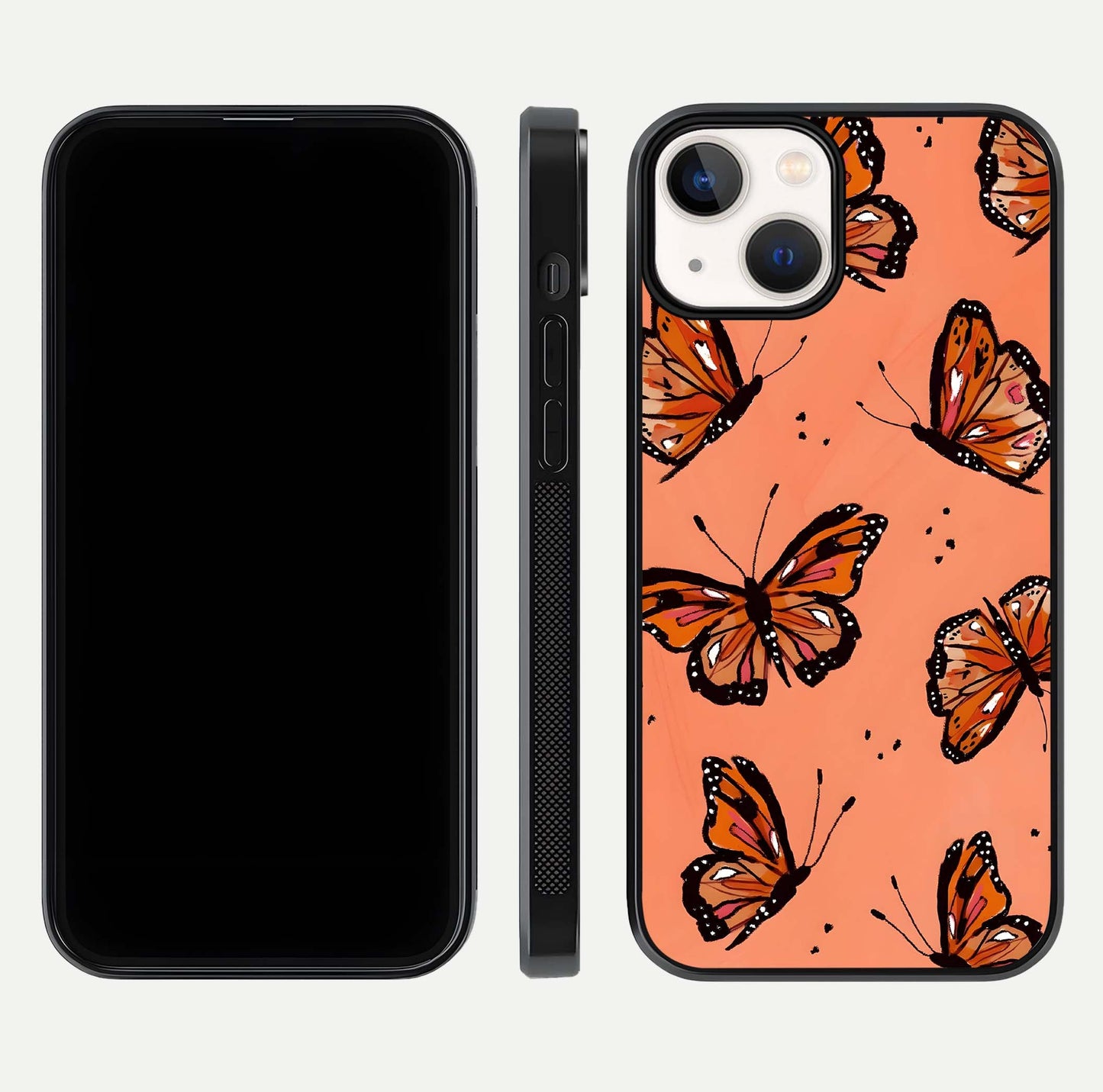 Coral Wing Butterfly Glass Case for iPhone 13 dual-view layout displaying soft floral tones and curved edges