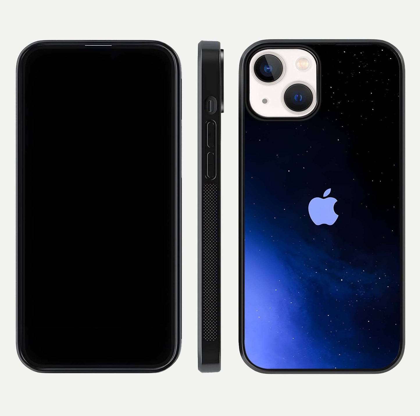 Cosmic Blue Apple Glass Case for iPhone 13 dual-view layout displaying cosmic tones and glass edges