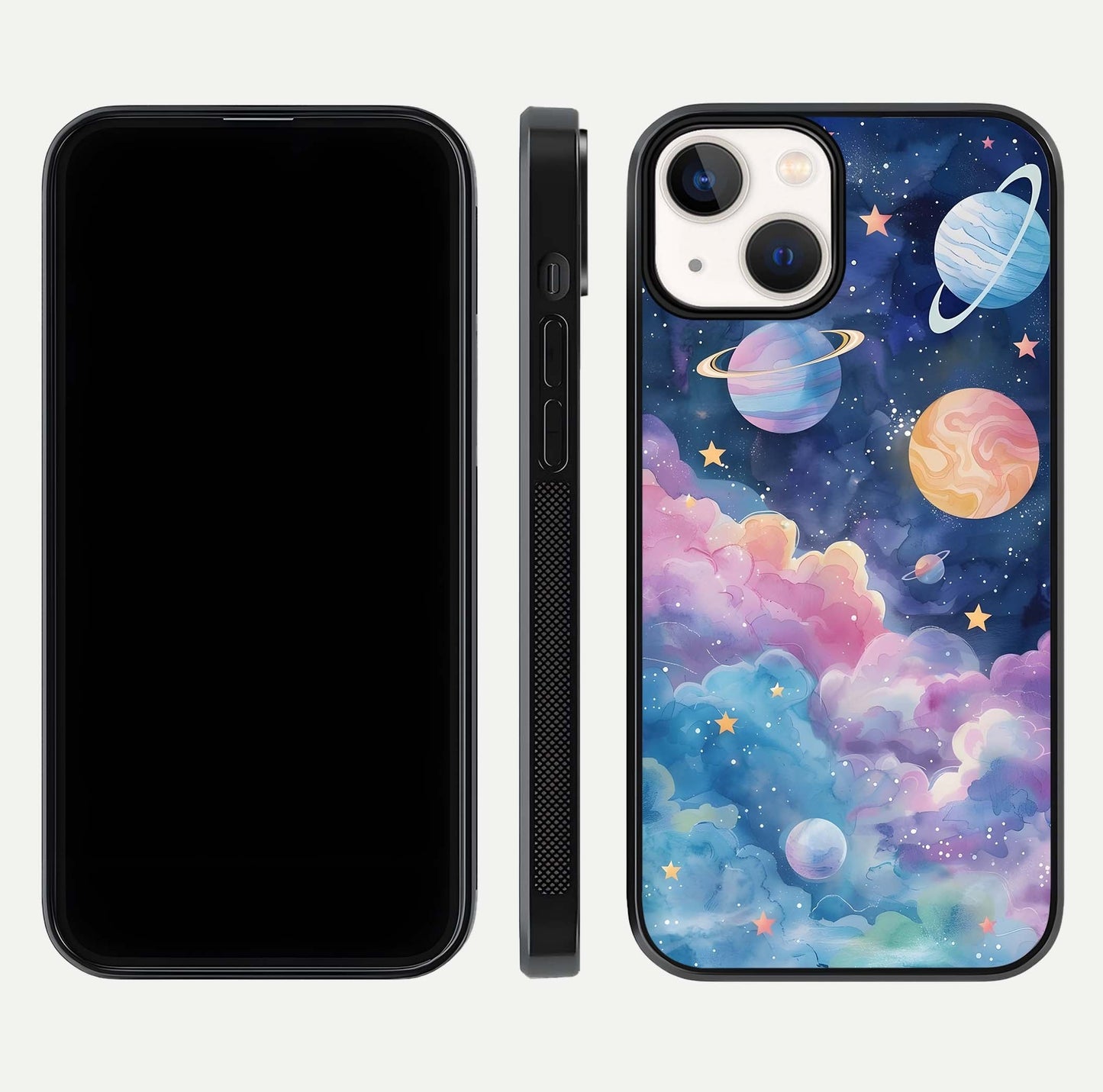 Cosmic Planet Dreams Glass Case for iPhone 13 dual-view layout displaying galaxy colors and curved finish