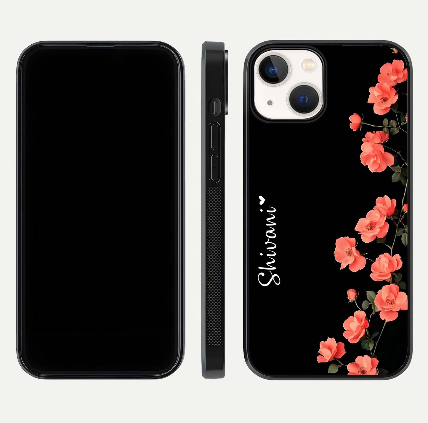 Crimson Bloom Grace Custom Name Glass Case for iPhone 13 dual-view layout displaying custom text and smooth curved edges